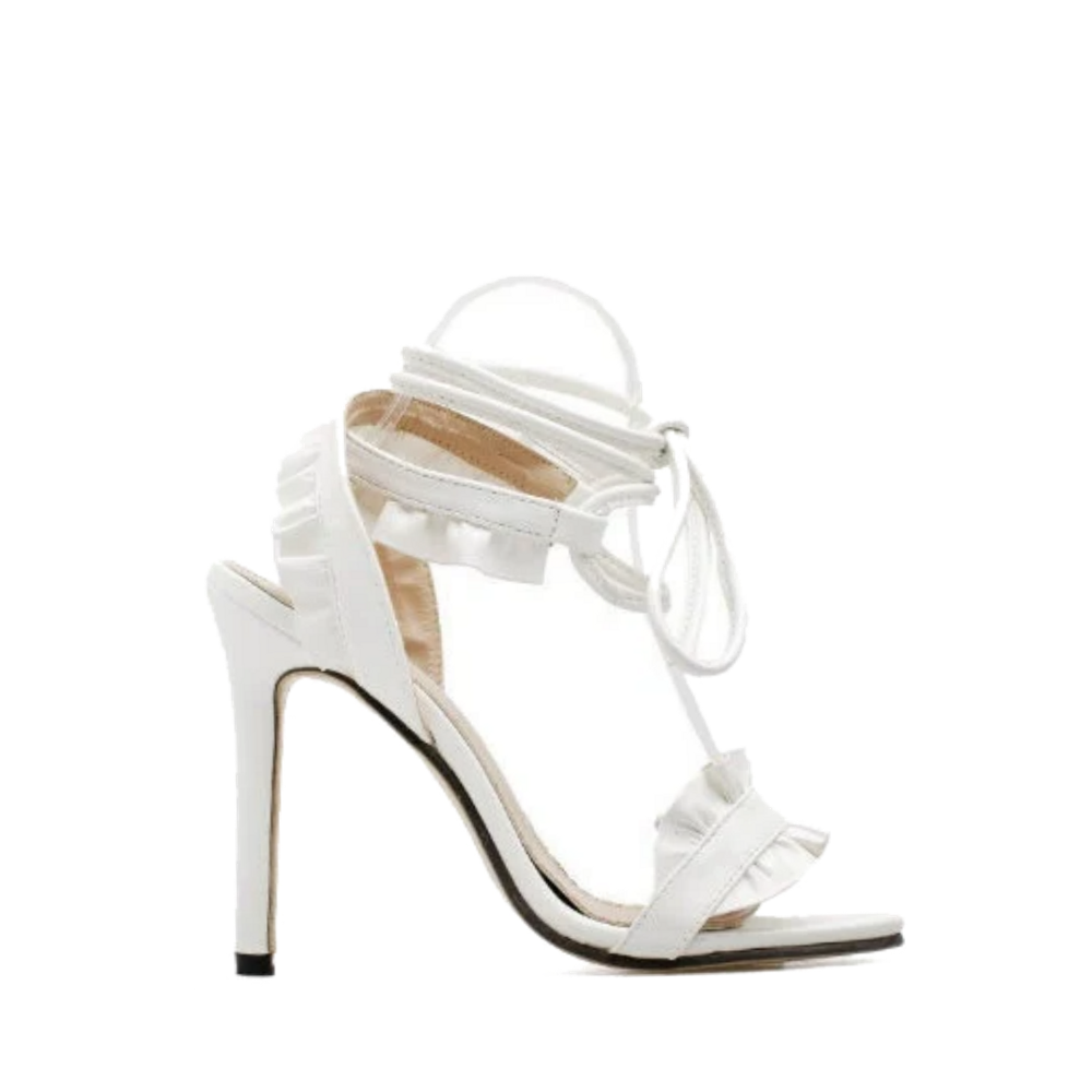 White Open Toe Ankle Ruffle Strap Sandals
